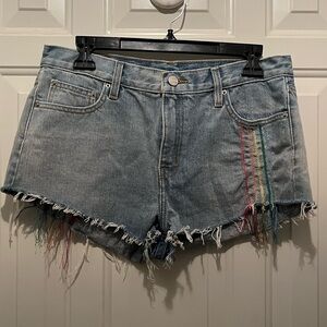 NWOT ViVI Blue Jean Shorts with Rainbow Stitching